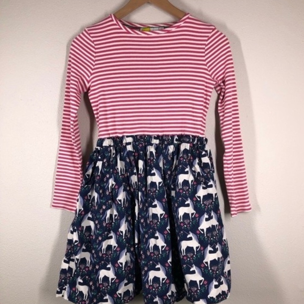 Mini Boden Unicorn Long Sleeve Dress Pink Striped Blue Unicorn Print